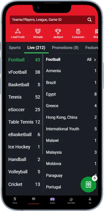 Sportybet application menu