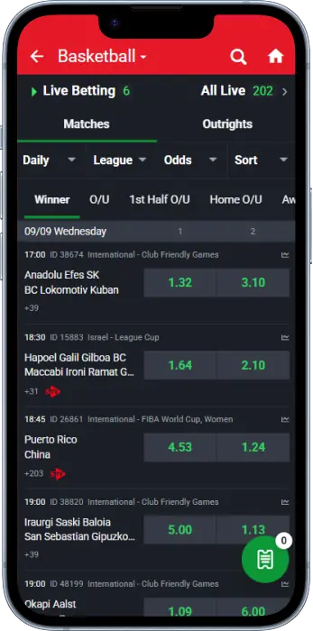 All basketball events in the Live section of the Sportybet Tanzania app