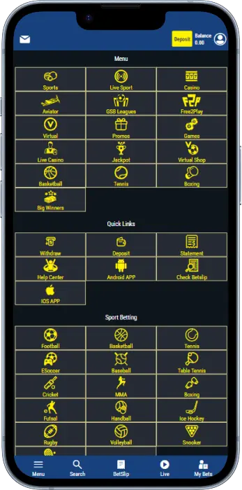 The menu allows you to quickly access many sections of the Gal Sport Betting Tanzania app