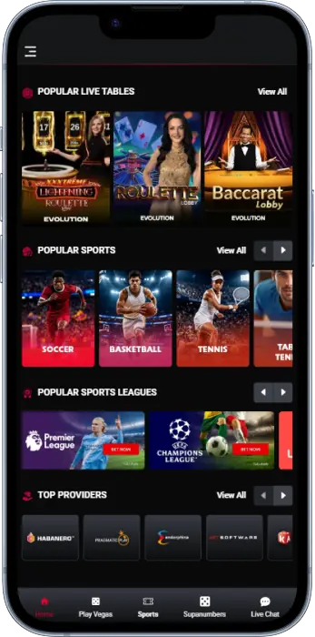 Home screen of Supabets mobile application