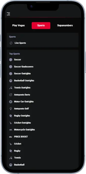 Sports menu in the Supabets Tanzania app