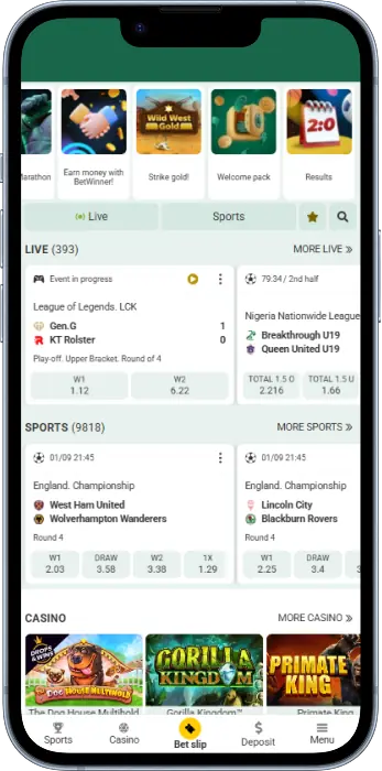 On the homepage, players from Tanzania will find popular sections of the Betwinner app