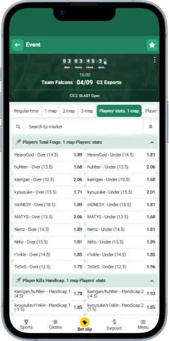 Esports betting section of the Betwinner app