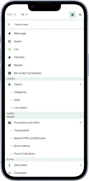 Main menu in the Betwinner Tanzania app