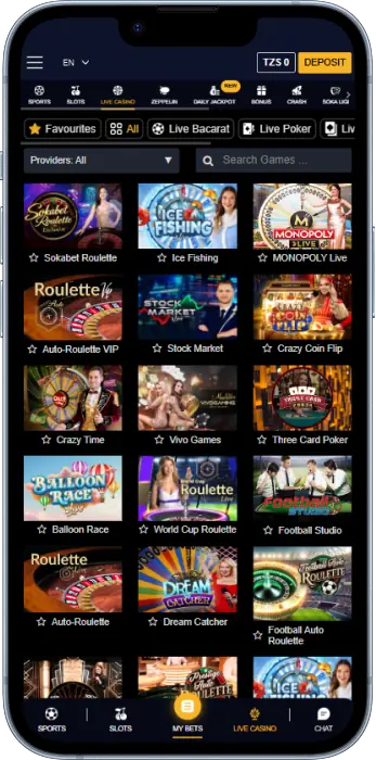 Live casino section of the Sokabet Tanzania app