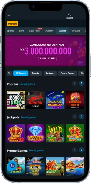 The casino games section contains an extensive collection of games available through the SportPesa app