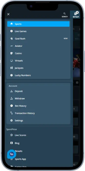 The main menu contains the most important sections of the SportPesa app