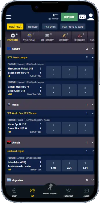 Live Betting section of the Throne Bet Tanzania app