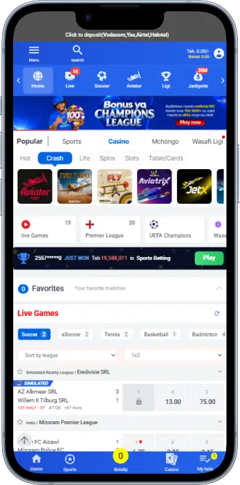 Wasafi Bet application main screen