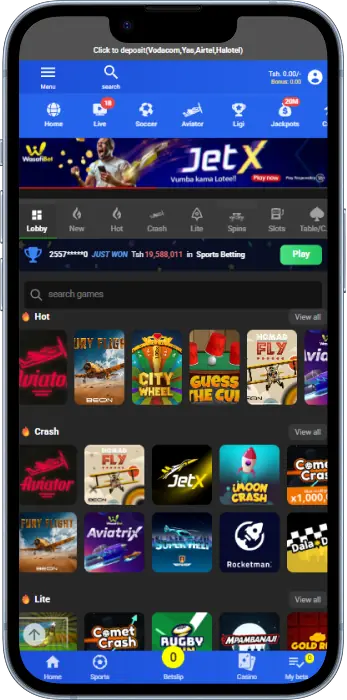 Casino games section of the Wasafi Bet app