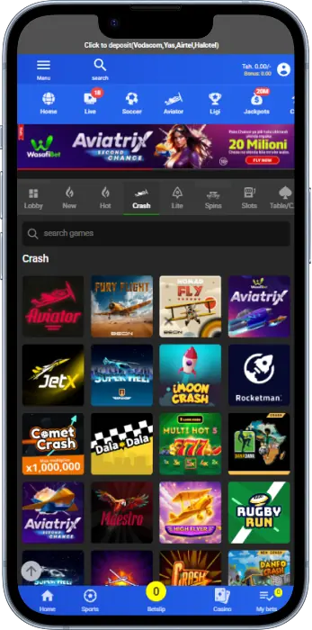 Crash Games section of the Wasafi Bet Tanzania app