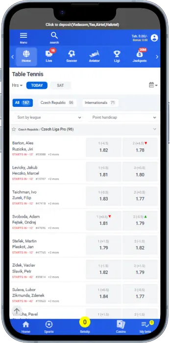 Wasafi Bet app allows you to bet on table tennis