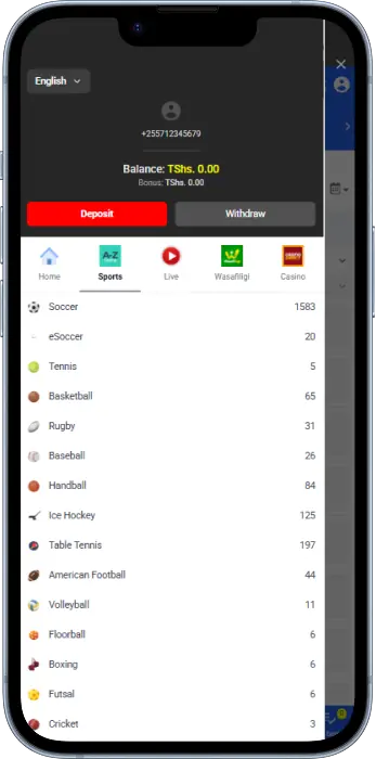 The menu gives quick access to the main sections of the Wasafi Bet Tanzania app